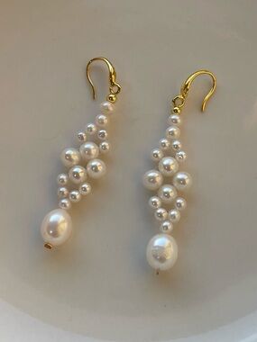 Gold and White Freshwater Pearl Drop Earrings - Elegant Design 925 Hooks 26